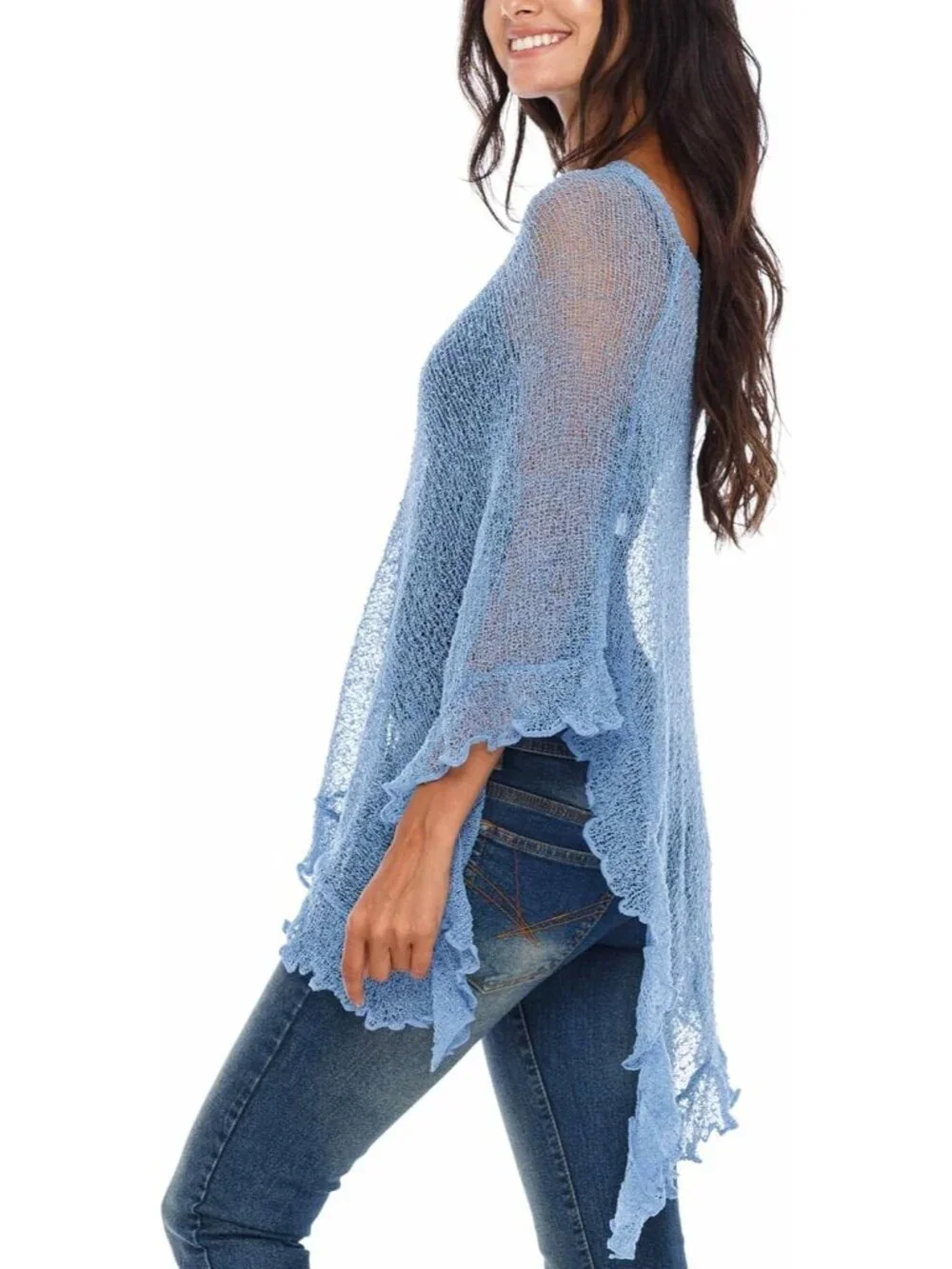Women's Baby Blue Sheer Knit Poncho Shrug Lightweight Asymmetrical Cover Up Tops